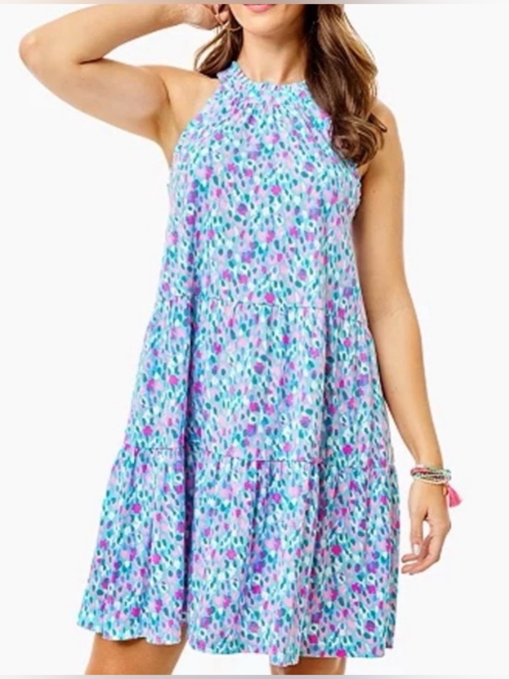 Lilly Pulitzer Jerrica Swing Dress XS Blue Pink “Hottie Dottie” Print Tiered